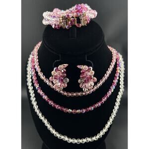 Vintage Eugene Pinks And Clear Multistrand Beaded With Rhinestone Accents Set